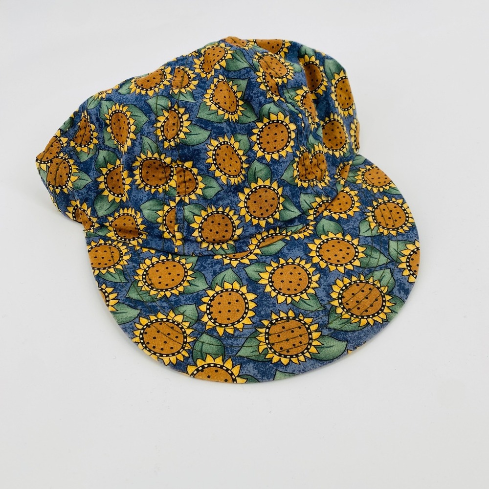 Vintage 90's Sunflower Print Baseball Cap OS Blue Yellow Floral Strapback Hat - Picture 1 of 5
